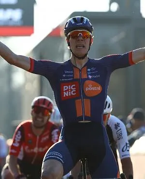 Dutch Nils Eekhoff of Team Picnic PostNL celebrates as he crosses the finish line of the 'Nokere Koerse' one day cycling race for men elite, 188.1 km from Deinze to Nokere, on Wednesday 19 March 2025.
BELGA PHOTO DAVID PINTENS