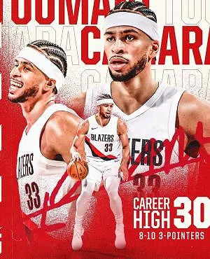 NBA: Toumani Camara leidt Portland met 30 punten, een persoonlijk record, voorbij Philadelphia