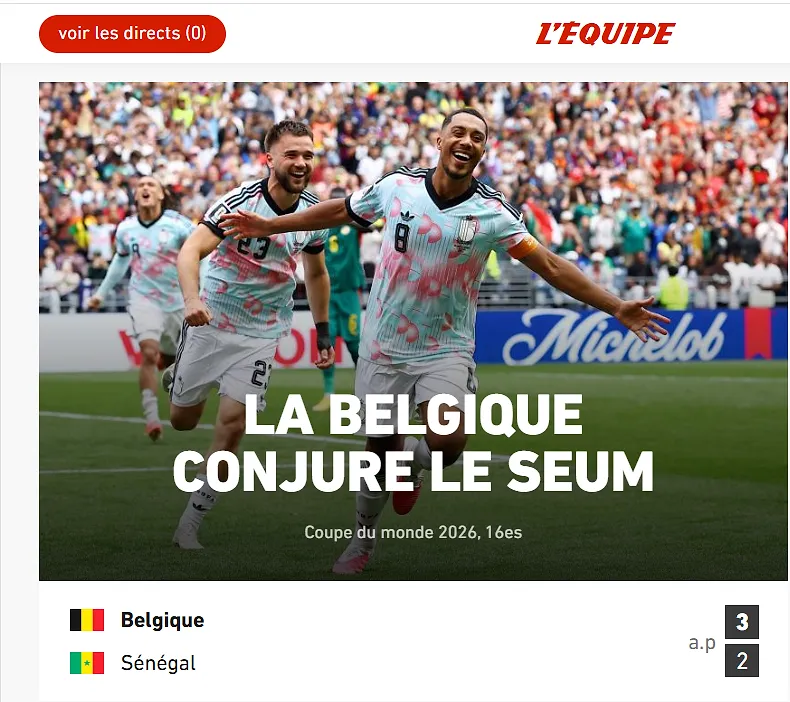 « La Belgique conjure le seum » : la Une du journal l’Équipe après la qualification des Diables contre le Sénégal - Tom Oliver