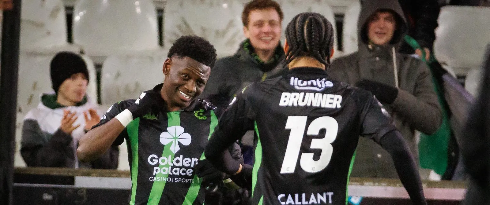 Cercle's Kazeem Olaigbe celebrates after scoring during a soccer match between Cercle Brugge and Oud-Heverlee Leuven, Sunday 22 December 2024 in Brugge, on day 19 of the 2024-2025 season of the 'Jupiler Pro League' first division of the Belgian championship. BELGA PHOTO KURT DESPLENTER