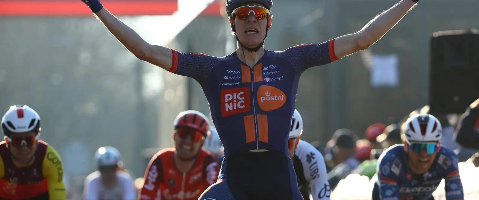 Dutch Nils Eekhoff of Team Picnic PostNL celebrates as he crosses the finish line of the 'Nokere Koerse' one day cycling race for men elite, 188.1 km from Deinze to Nokere, on Wednesday 19 March 2025.
BELGA PHOTO DAVID PINTENS