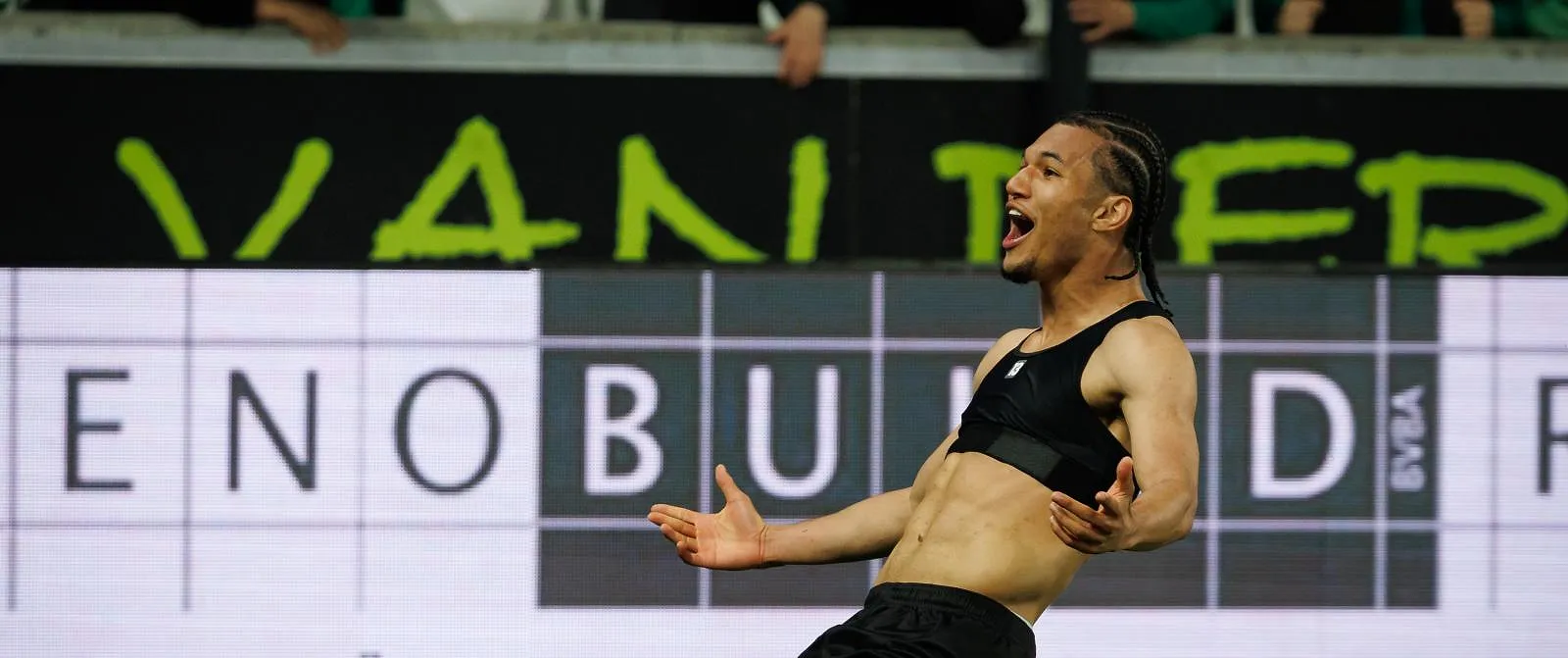 Cercle's Paris Bunner celebrates after scoring during a soccer match between Cercle Brugge and Sint-Truidense VV, Saturday 26 April 2025 in Brugge, on day 4 (out of 6) of the Relegation Play-offs of the 2024-2025 'Jupiler Pro League' first division of the Belgian championship. BELGA PHOTO KURT DESPLENTER