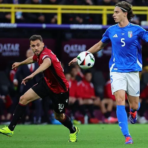 Nedim Bajrami of Albania and Riccardo Calafiori of Italy during the Euro 2024 Group Stage B football match between Italy and Albania at BVB Stadium in Dortmund (Germany), June 15th, 2024. Italy v Albania, EURO 2024 Group Stage B, Football © PanoramiC ! only BELGIUM !