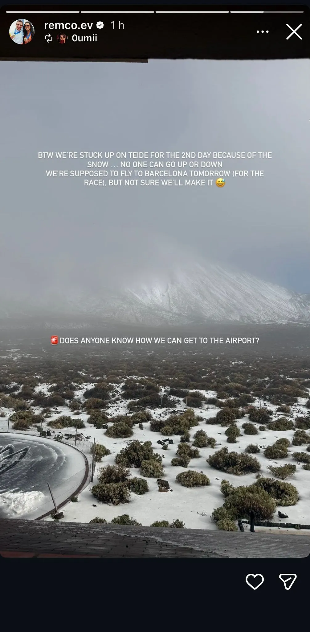 Ronde van Catalonië van Evenepoel in gevaar ? Hij zit vast op de Teide door de sneeuw - Instagram Remco Evenepoel - Circus Daily